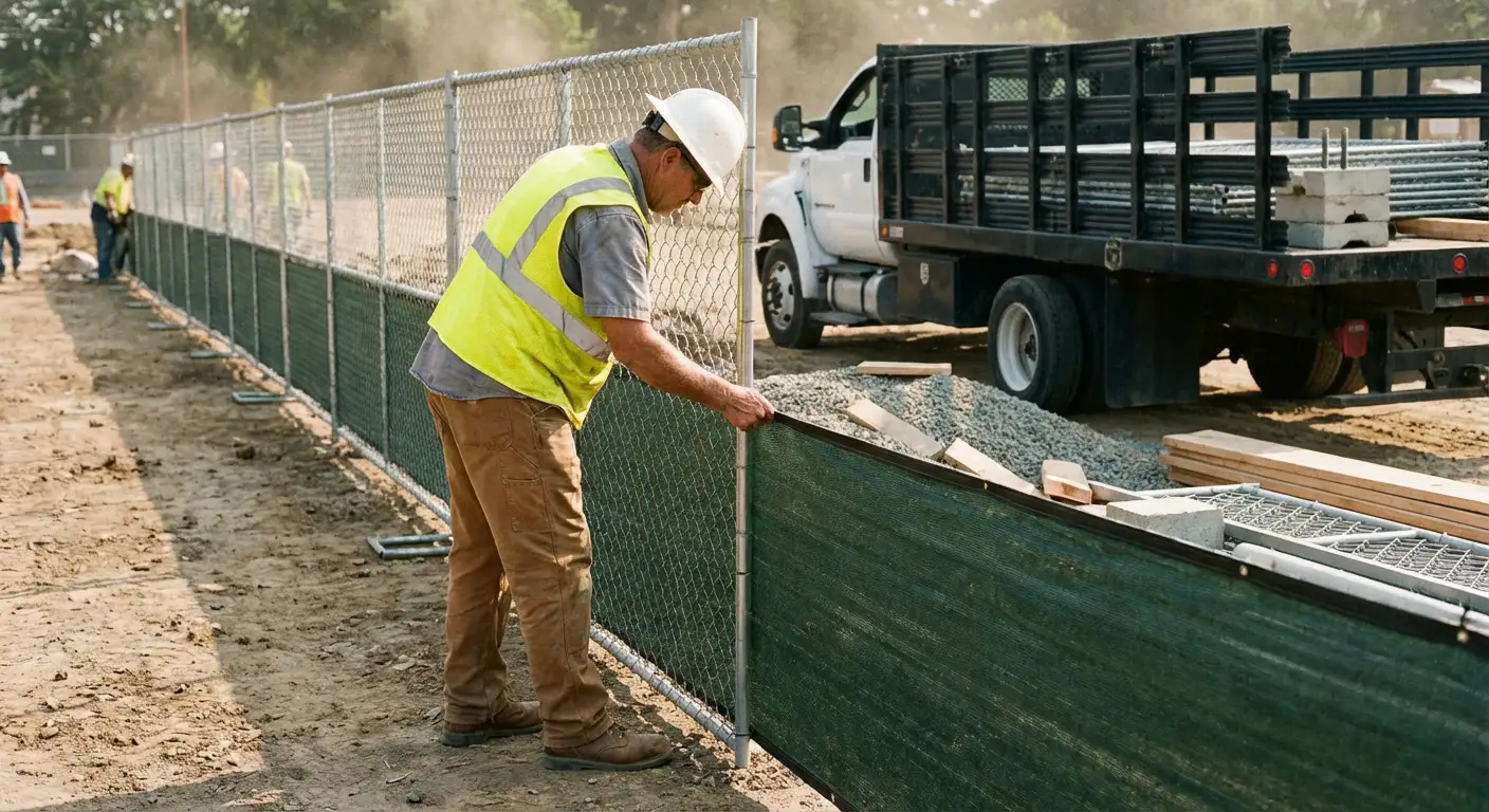 Privacy windscreen installation on construction fence in Florissant, MO