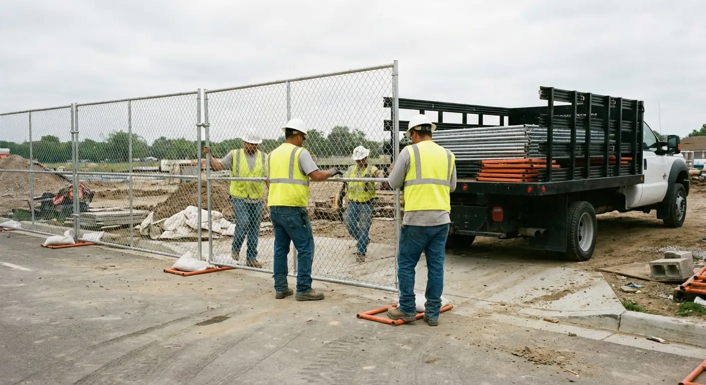 North County Fence Rental team securing a construction site perimeter in Florissant, MO